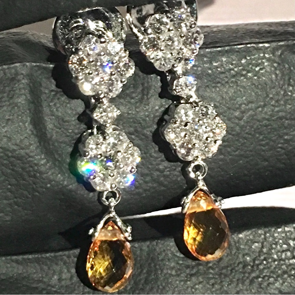 18K 2.4CT VVS / F NATURAL DIAMOND DESIGNER WHITE GOLD DANGLE CITRINE EARRINGS